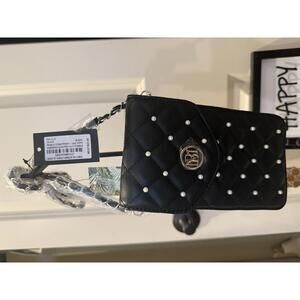 Badgley Mischka Black Pearl Strap Phone purse Diamond Quilting and Pearls NWT